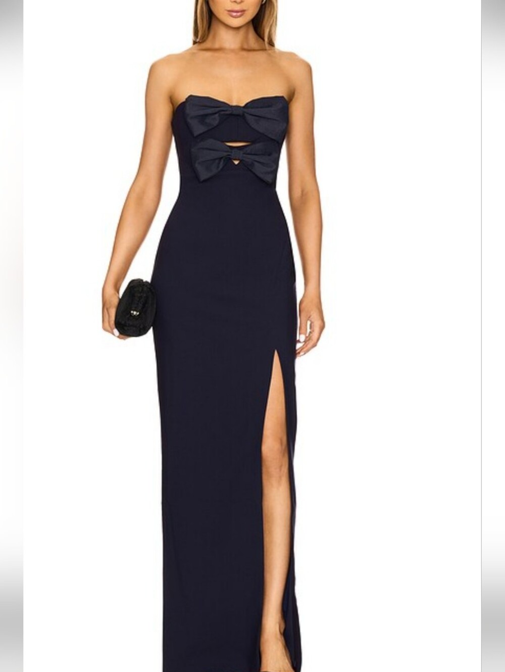 Likely stunning Navy Strapless Gown with Front Bows size 10 new with tags